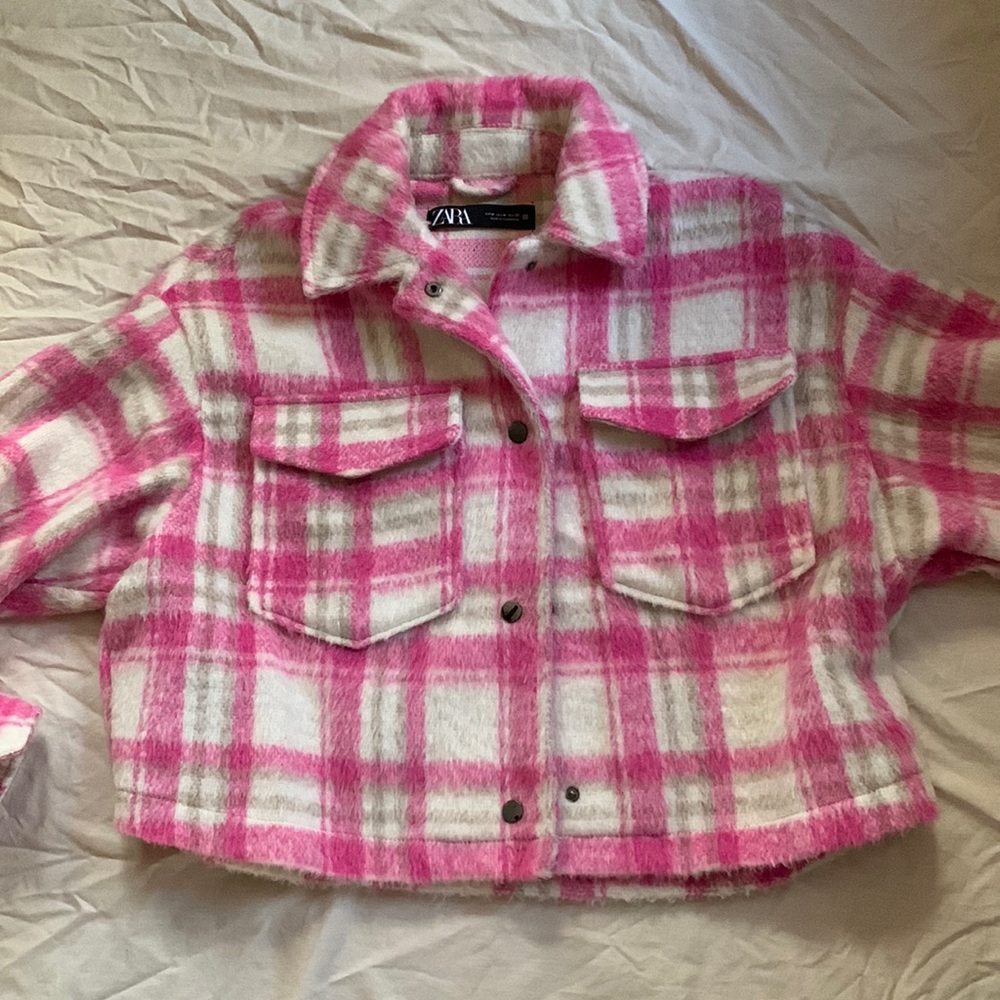 Zara Pink and Cream Checkered Utility Jacket